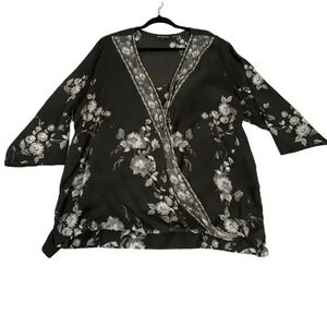 Tolani Collection Black Floral Sheer Blouse Kimono Style 3/4 Arm Womens Size 2X‎
